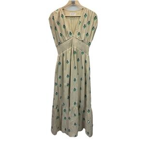 Beau & Ro Smocked Linen Embroidered‎ Sleeveless Midi Dress S Peasant Lagenlook